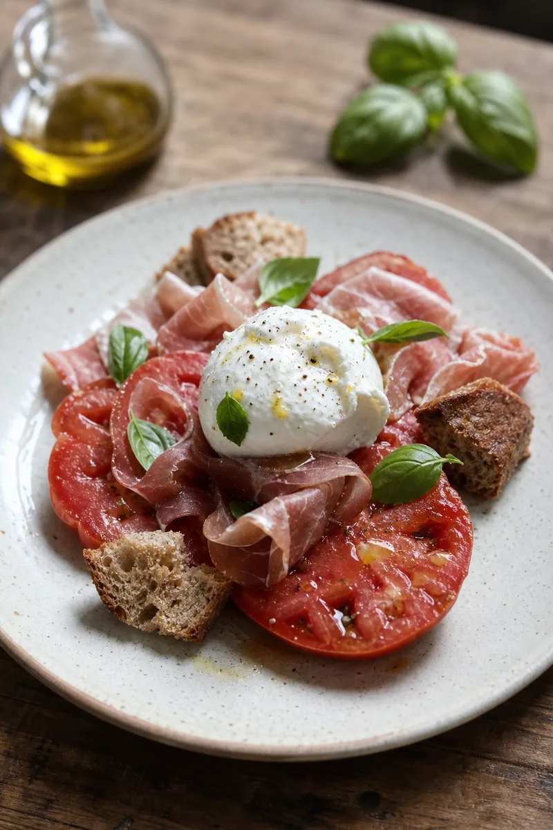 Tomates burrata et jambon cru