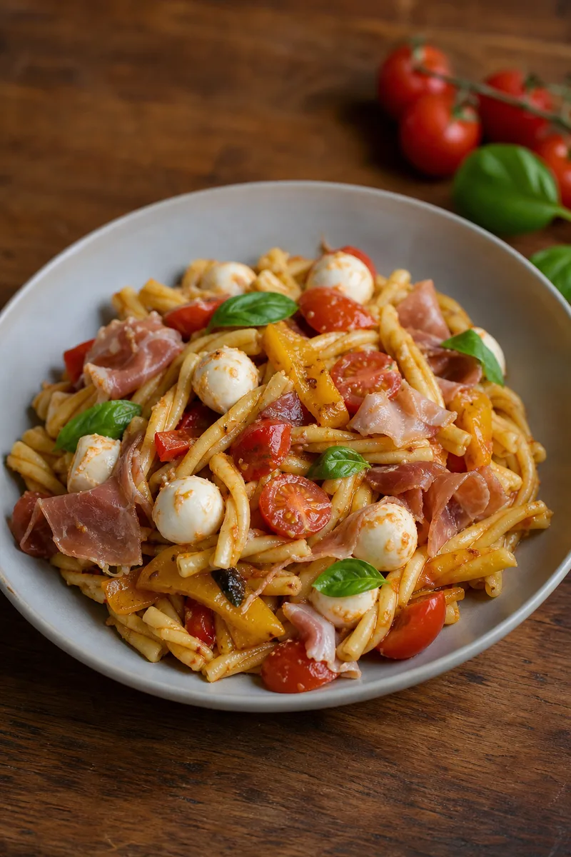 Salade de pâtes au pesto rosso, jambon cru et mozzarella
