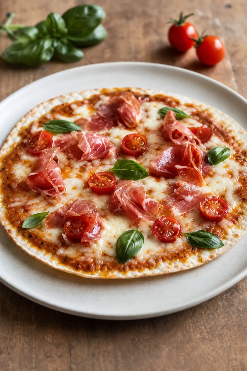 Pizza tortilla au pesto rosso et mozzarella