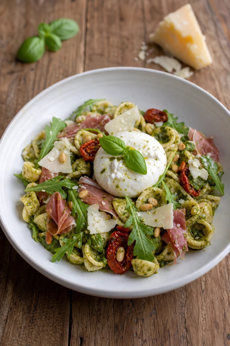 Salade de pâtes au pesto, burrata et tomates confites
