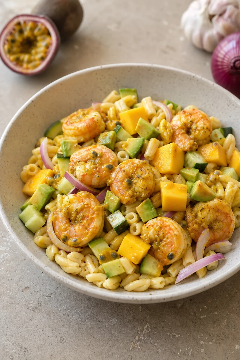 Salade de pâtes aux crevettes curry, mangue et avocat
