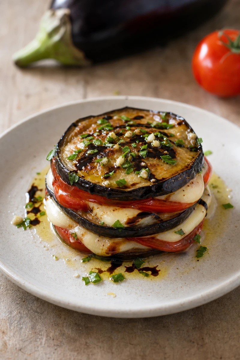 Millefeuille chaud d’aubergine, tomate et mozzarella