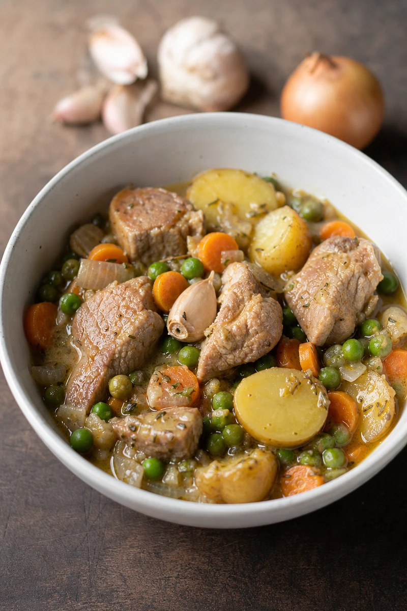 Mijoté d’échine de porc aux grenailles et petits pois