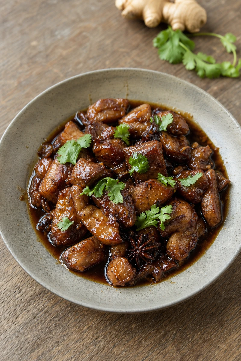 Porc mijoté au caramel, gingembre et soja
