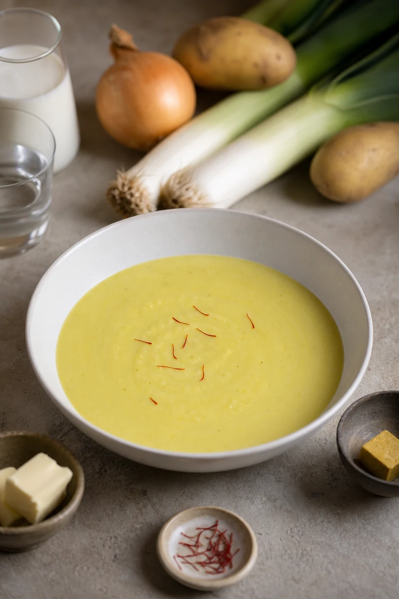 Velouté de poireaux et pommes de terre au safran