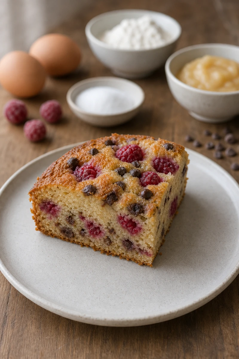 Gâteau léger à la compote, framboises et pépites de chocolat