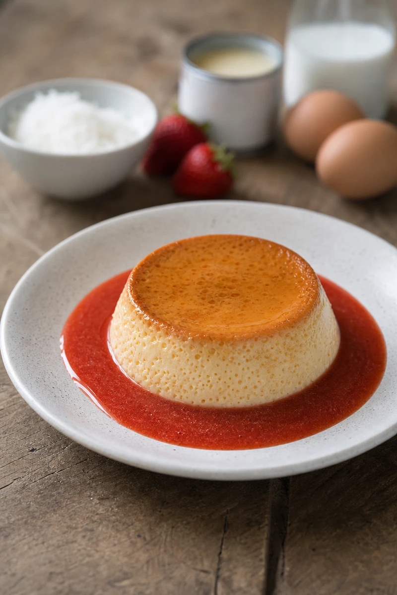 Flan coco accompagné d’un coulis de fraises