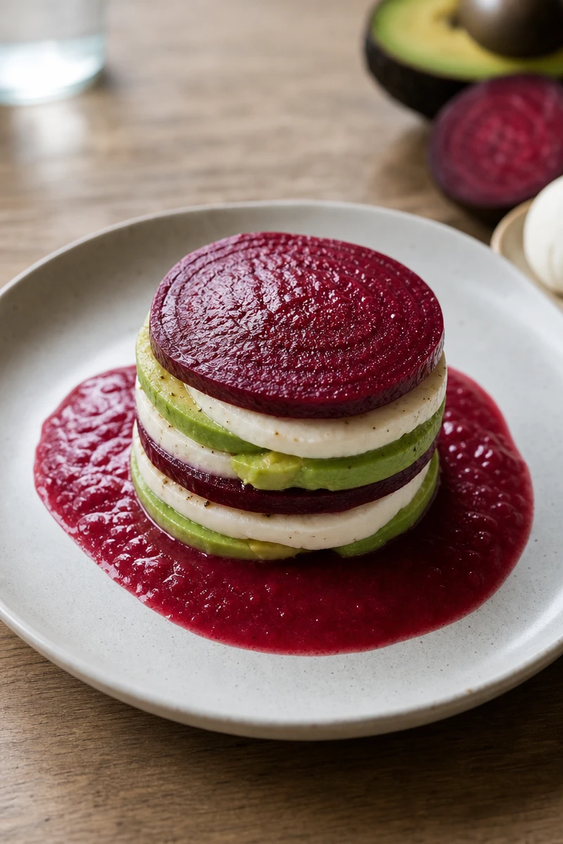 Mille-feuille de betterave, mozzarella et avocat