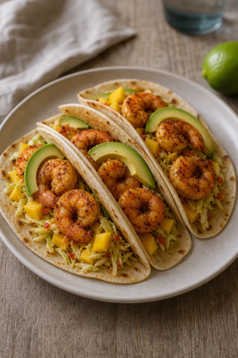 Tacos crevettes, mangue et avocat