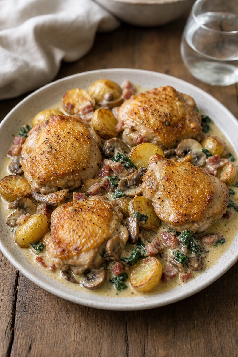 Poulet crémeux à l’ail et aux champignons avec pommes de terre rôties