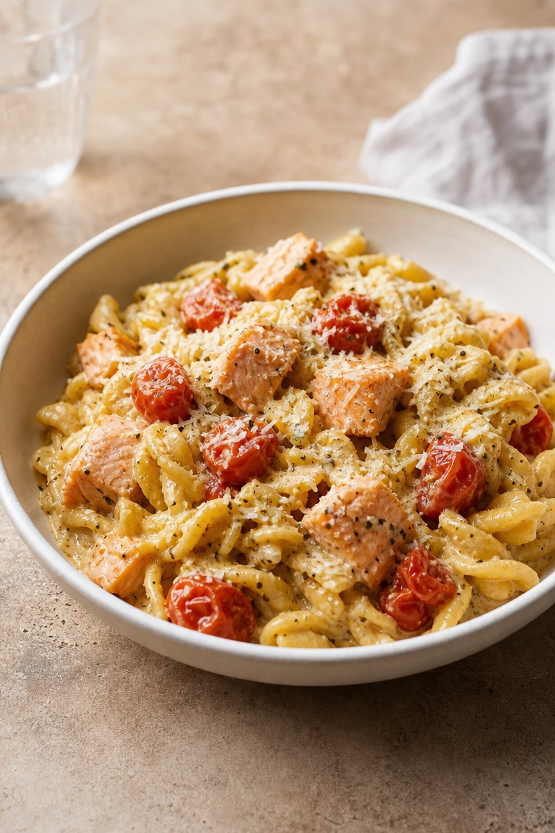 Pâtes crémeuses au saumon, tomates cerises et parmesan.