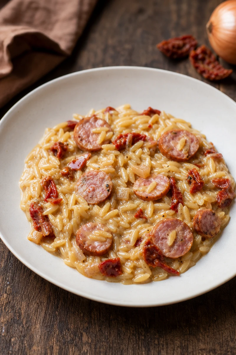 Orzotto crémeux à la saucisse fumée et aux tomates séchées