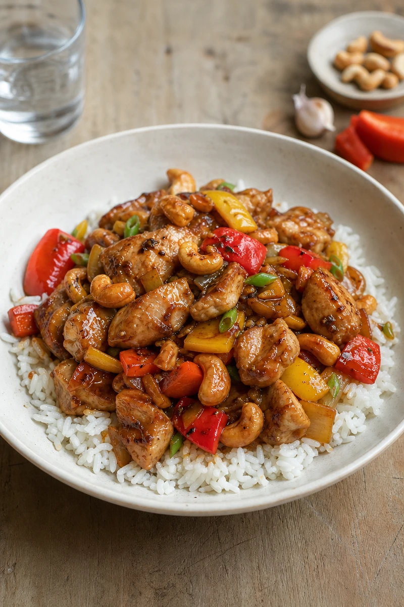 Poulet thaï aux poivrons, cébettes et noix de cajou