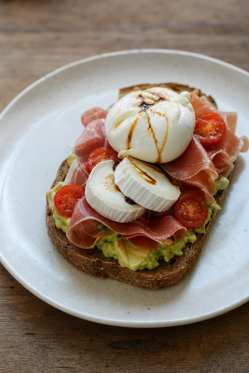 Tartines de seigle à l’avocat, au jambon Serrano, aux tomates cerises et au chèvre