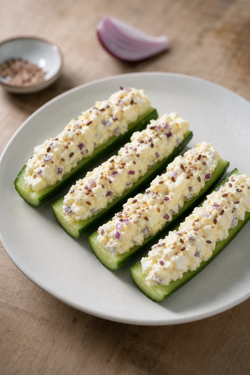 Concombre garni aux œufs, yaourt grec et fromage frais