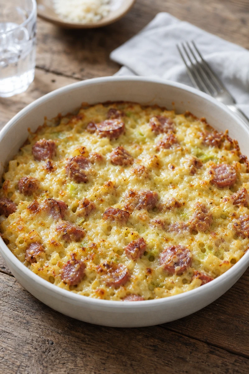 Crozet aux poireaux et aux saucisses de diot gratinés au comté
