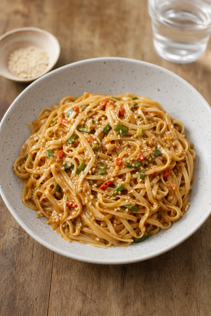Nouilles de riz sauce au beurre de cacahuète et piment doux