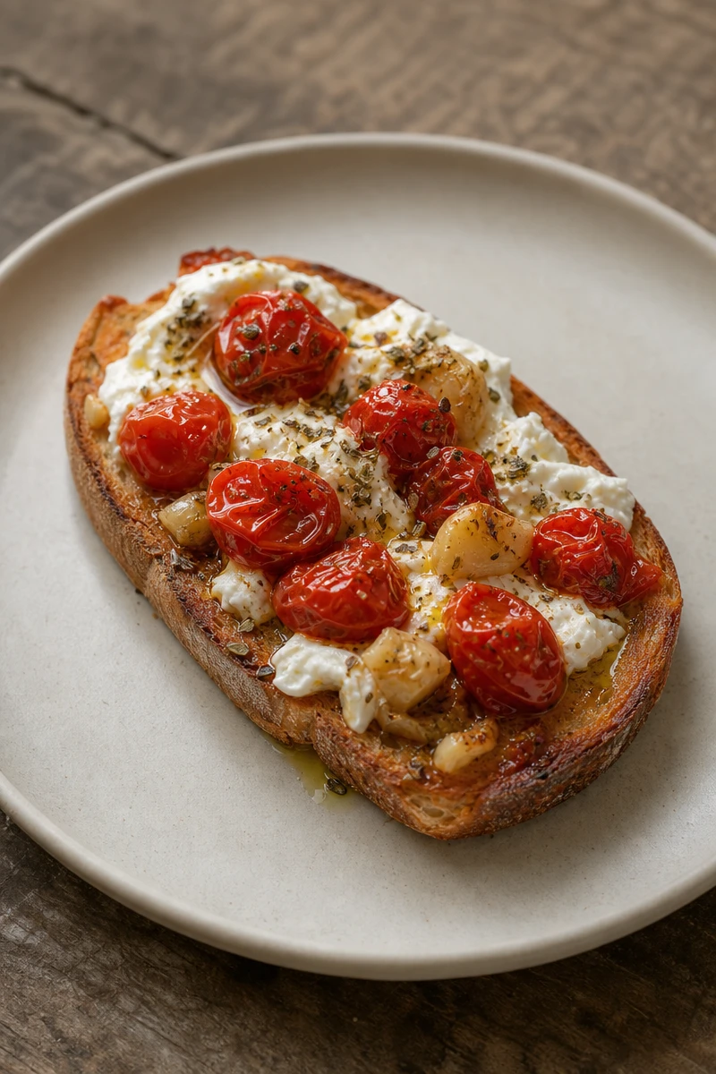 Toasts à la burrata, confit d’ail et de tomates
