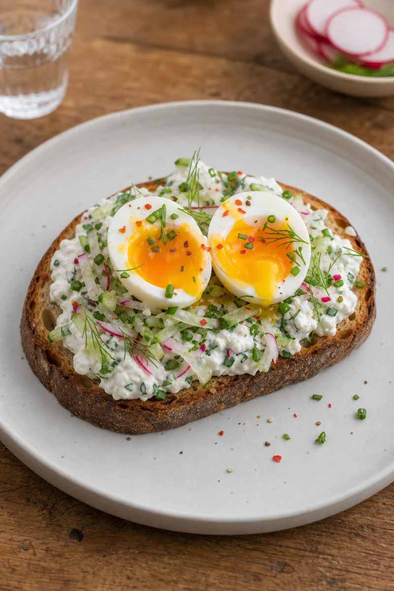Tartine printanière du jardin avec œufs mollets