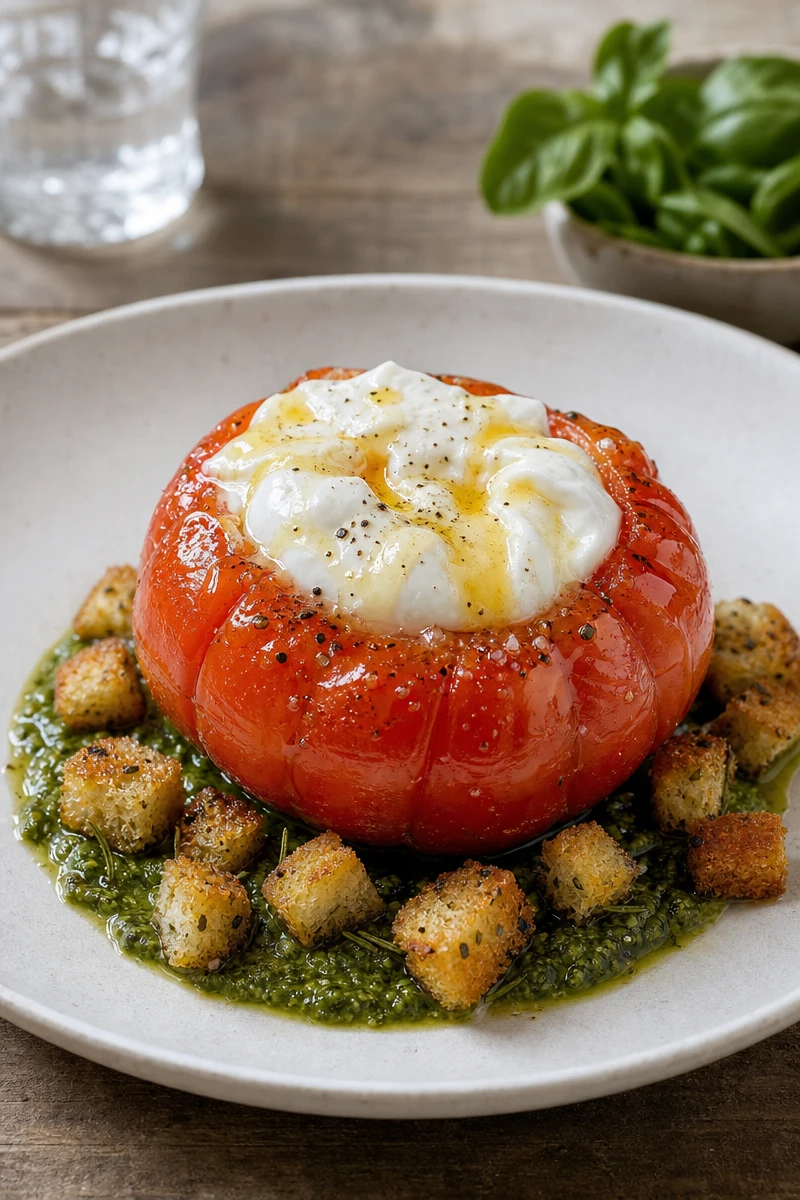 Tomate burrata laquée au miel, croûtons et pesto de basilic