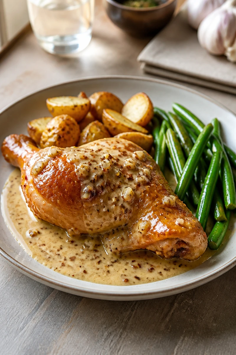 Cuisses de poulet au miel et à l’ail, purée crémeuse et haricots verts