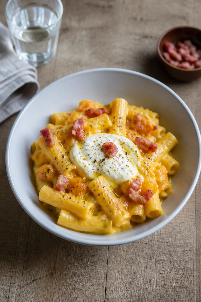 Pâtes crémeuses au butternut, lardons et burrata