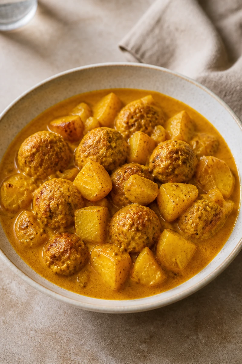 Boulettes de poulet et pommes de terre en sauce coco épicée
