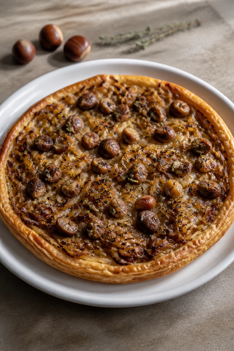 Tarte fine aux oignons doux, châtaignes et thym