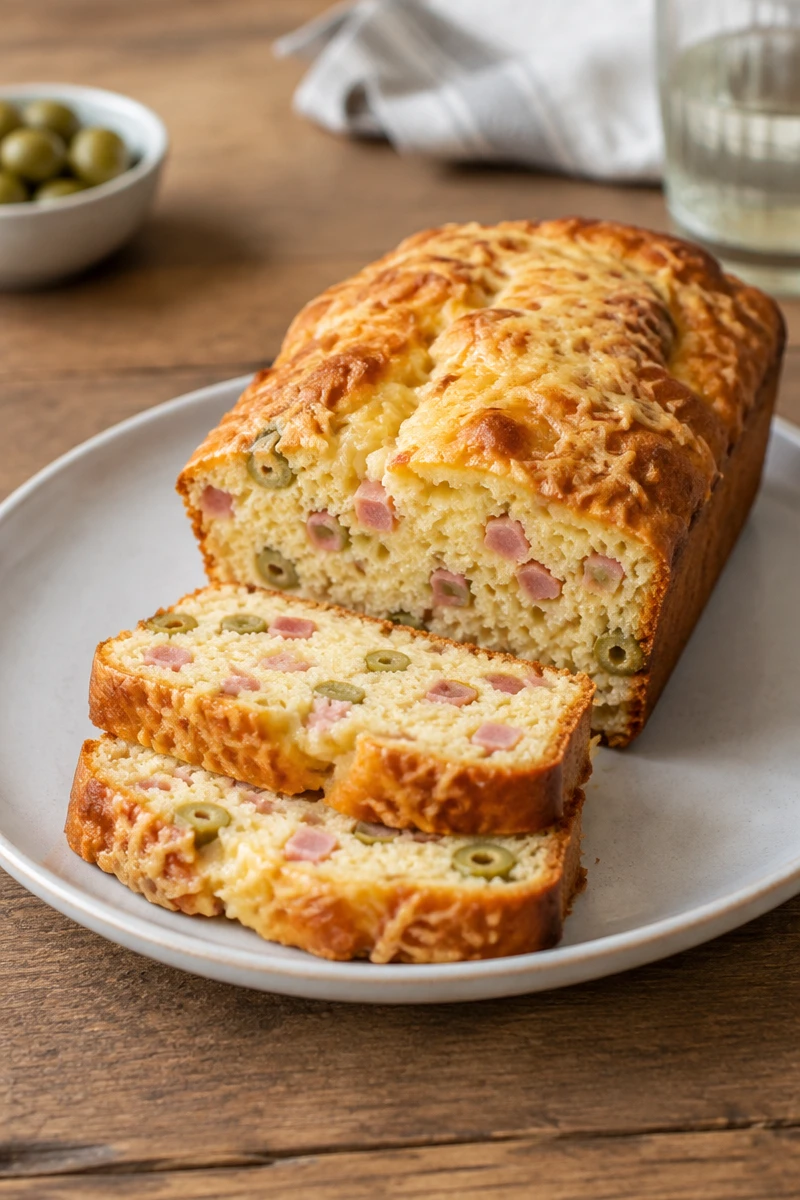 Cake salé au jambon, olives vertes et emmental