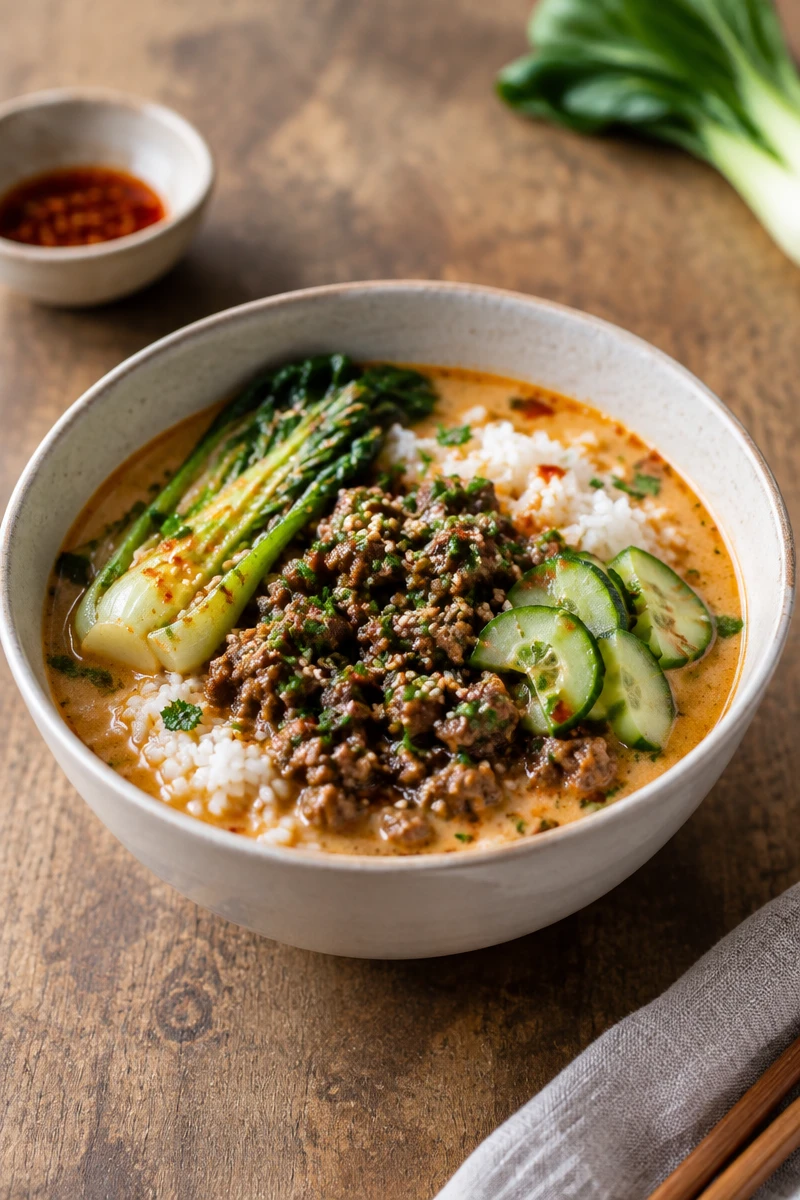 Bol de riz au bœuf et bouillon crémeux de coco