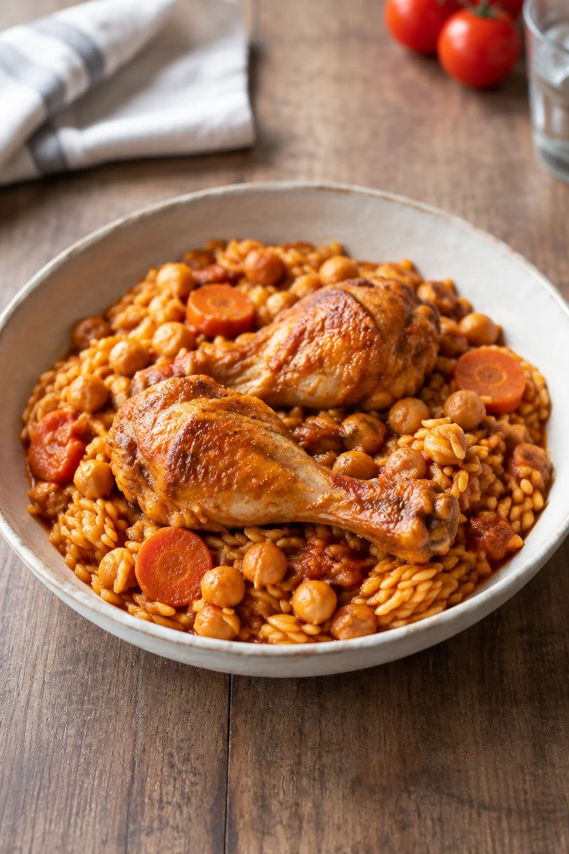 Poulet aux langues d’oiseau, pois chiches et épices