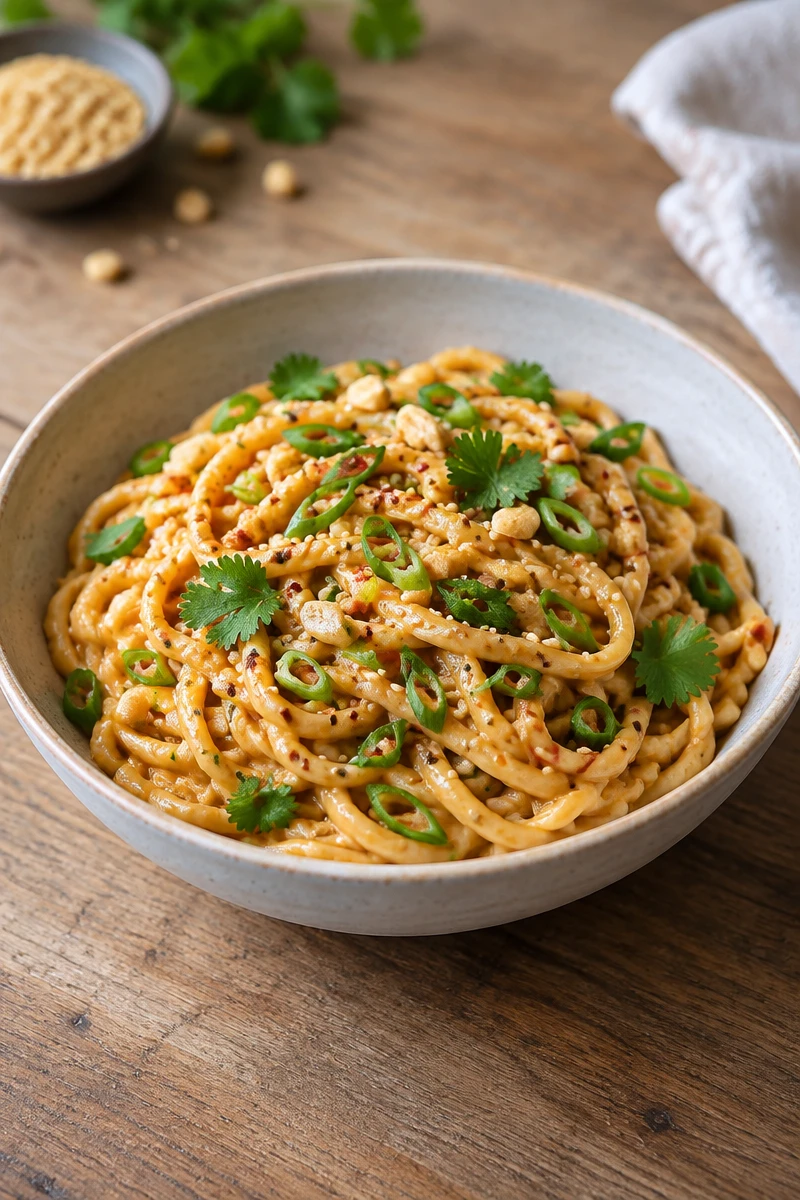 Nouilles udon au beurre de cacahuète, sésame et piment