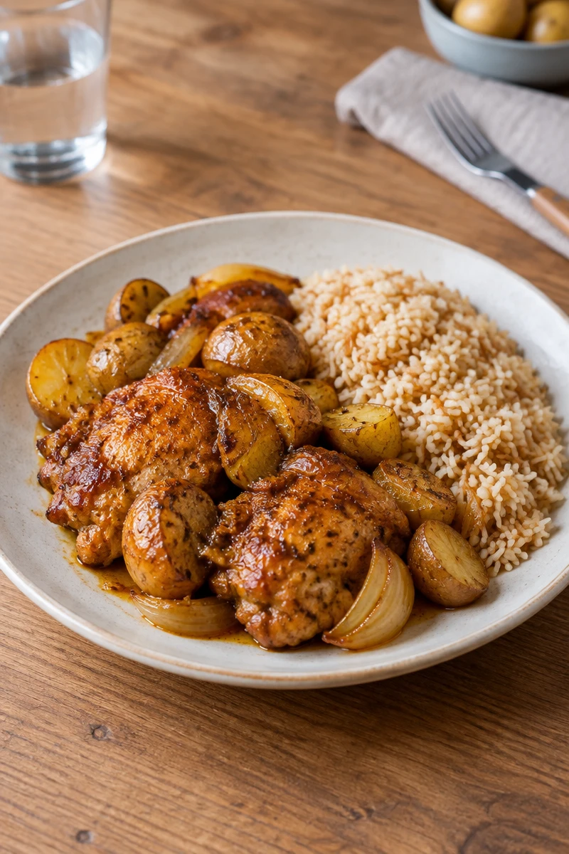 Poulet mariné, pommes de terre grenaille et riz pilaf