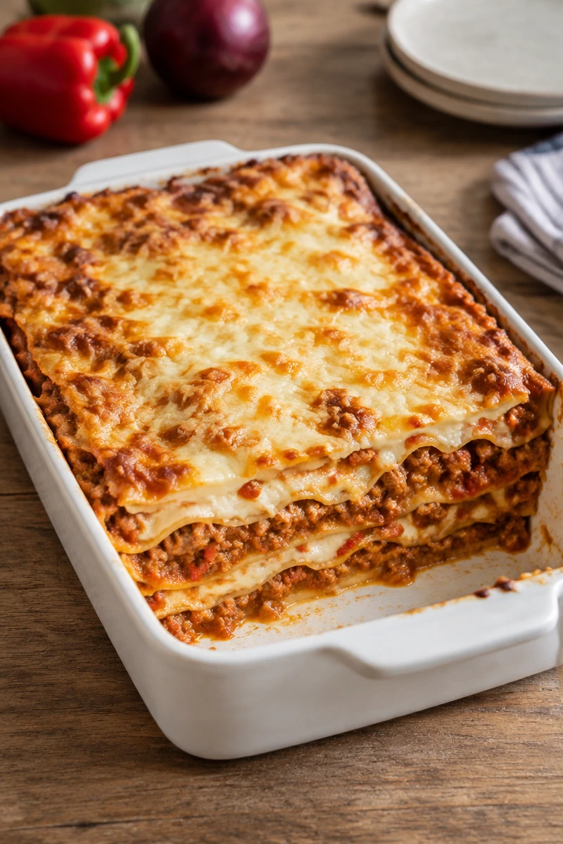 Lasagnes à la viande épicée, béchamel crémeuse et fromages gratinés