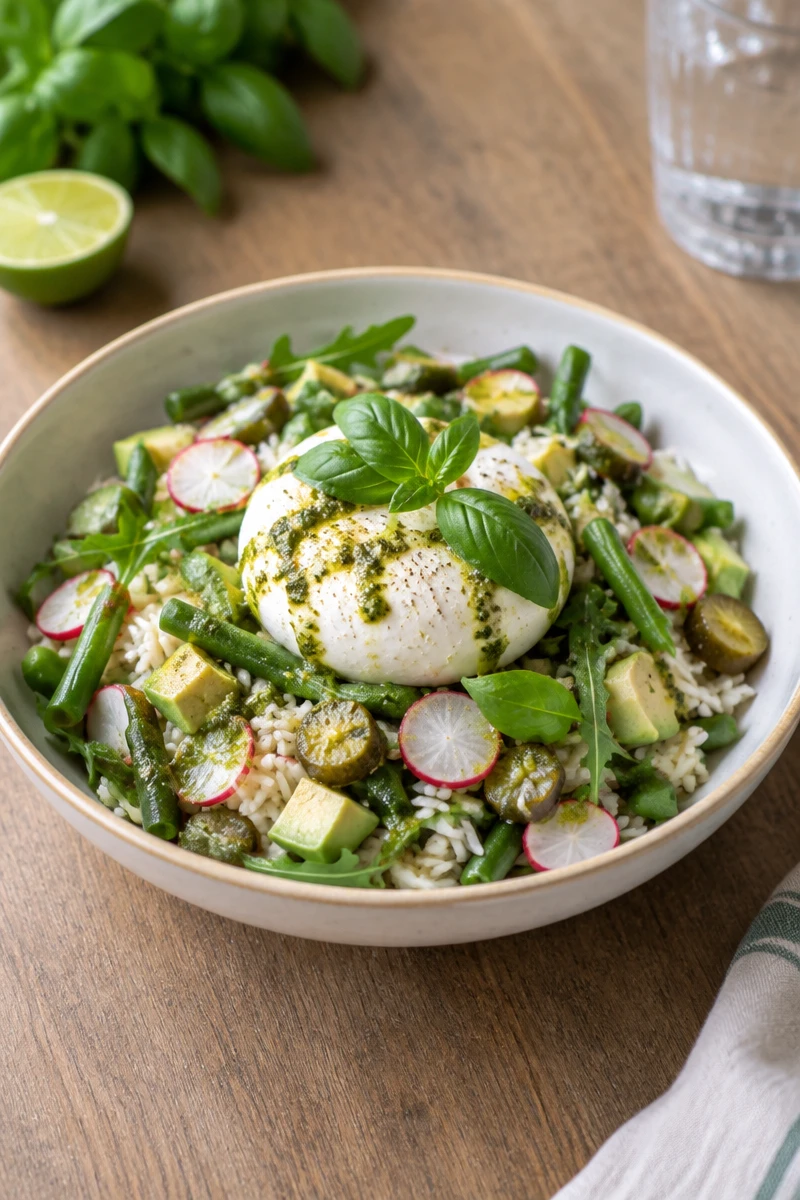 Salade de riz thaï croquante, burrata et sauce au pesto
