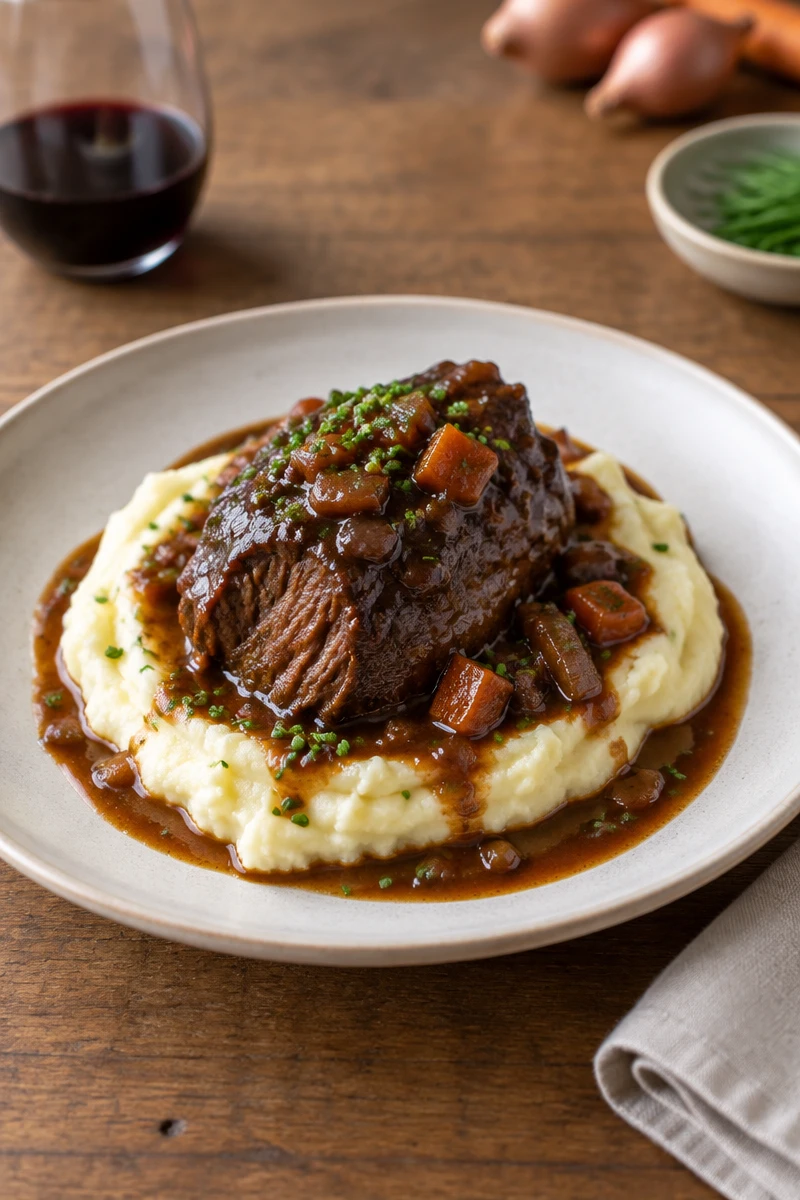 Joue de bœuf braisée, purée crémeuse et jus au vin rouge