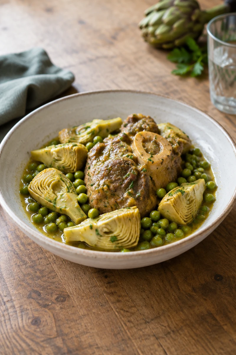 Jarret de veau aux petits pois et aux artichauts