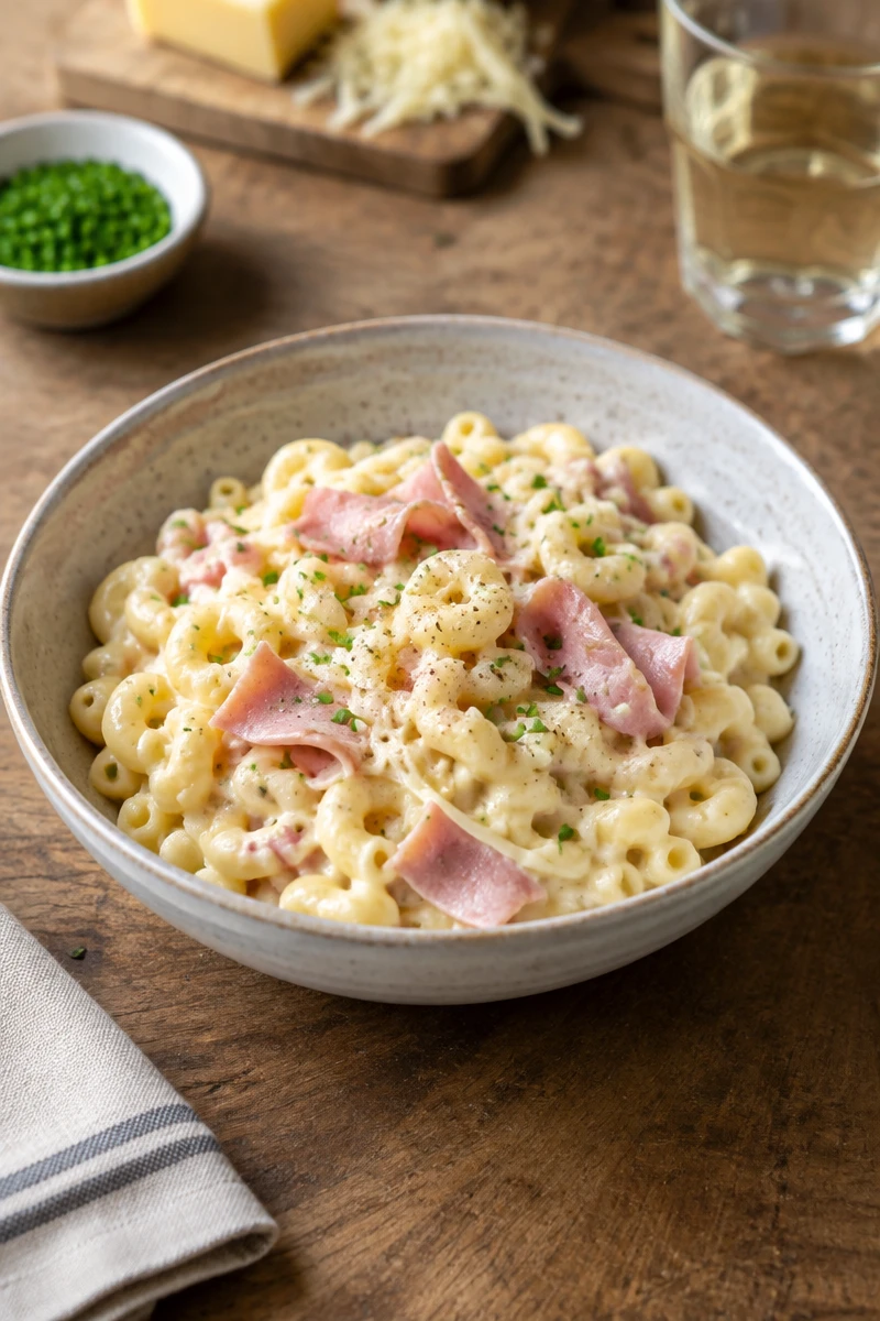 Coquillettes crémeuses au jambon et au comté