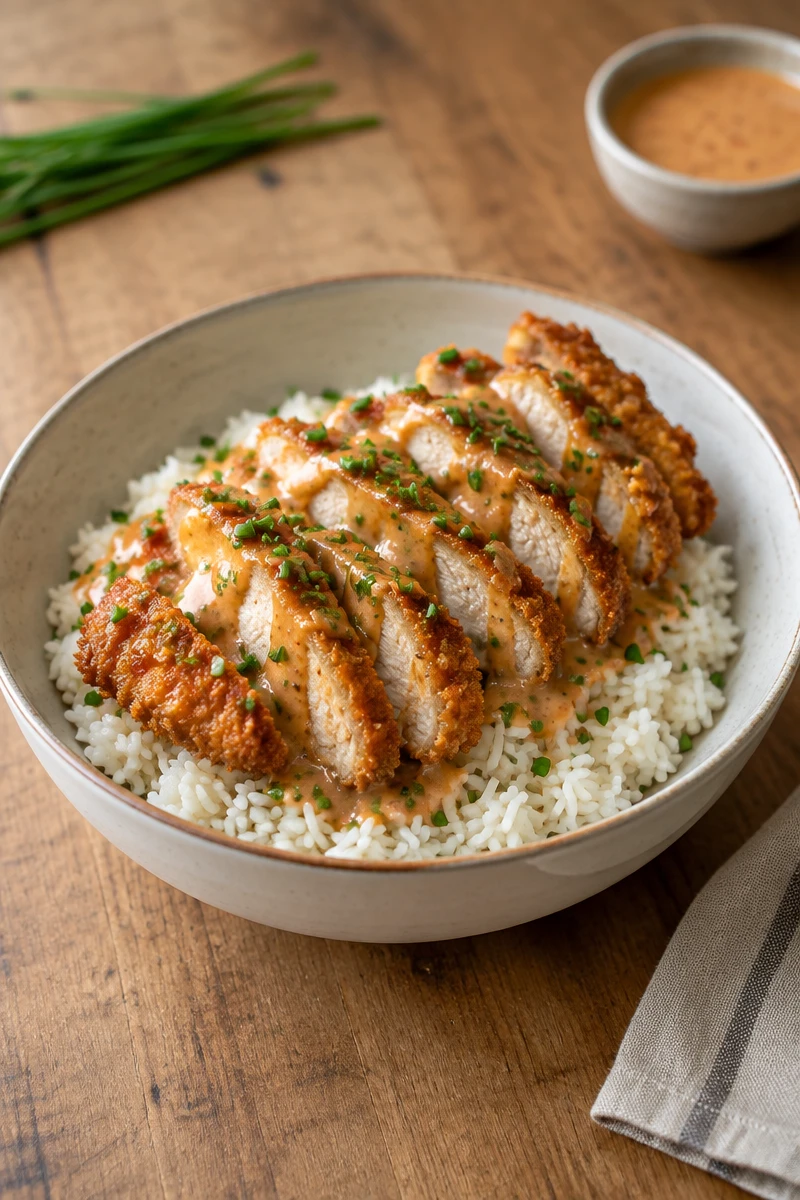 Poulet croustillant, riz et sauce aigre-douce