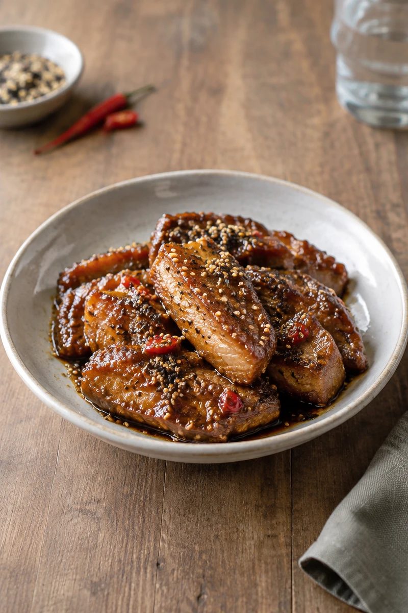 Échine de porc au caramel de sésame