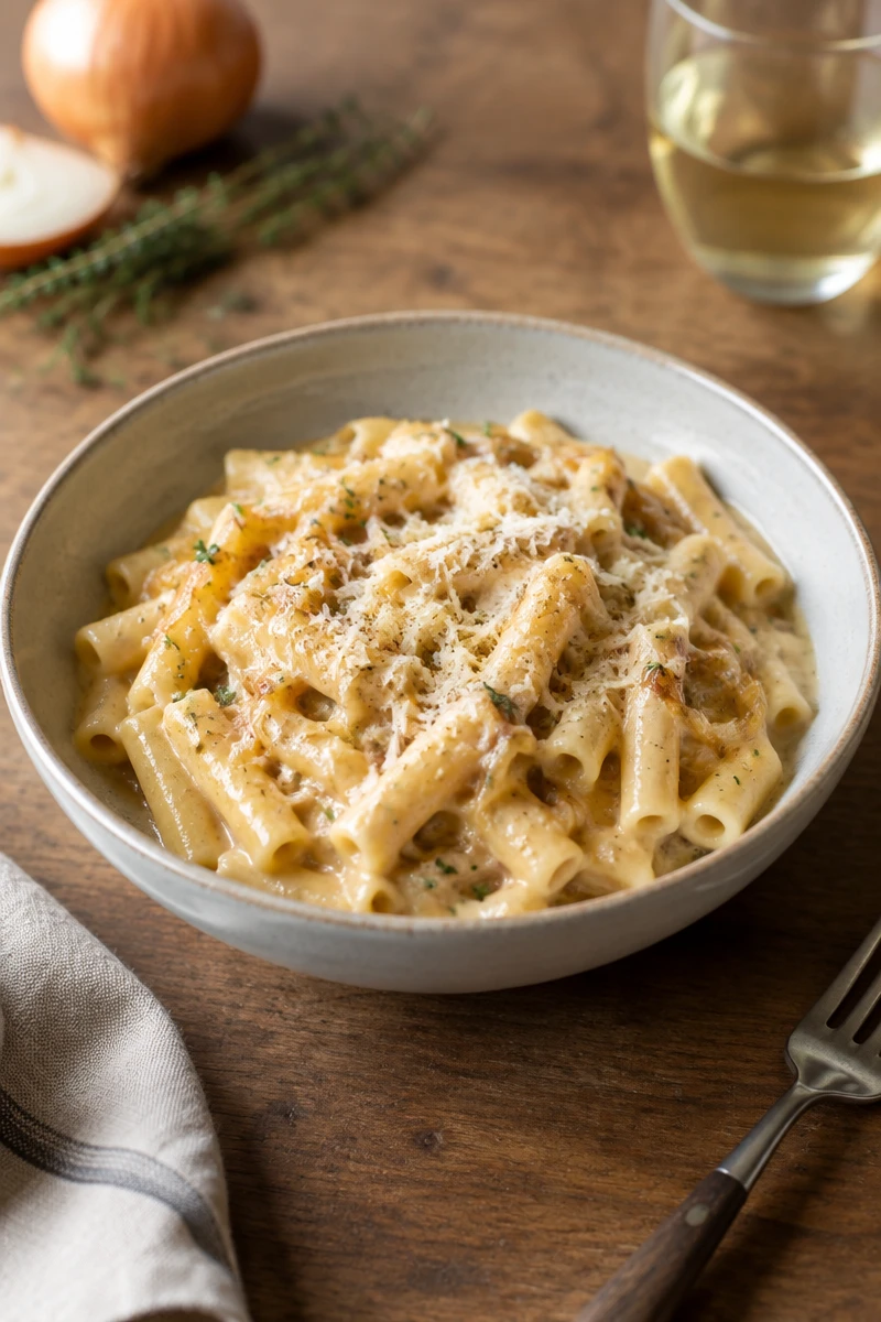 Pâtes crémeuses façon soupe à l’oignon, crème de parmesan