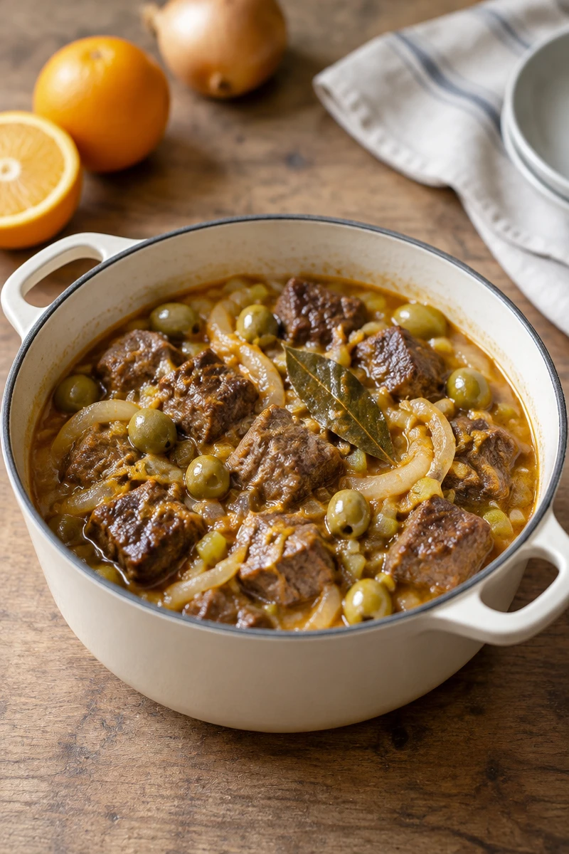 Boeuf mijoté aux oignons, à l’orange et aux olives