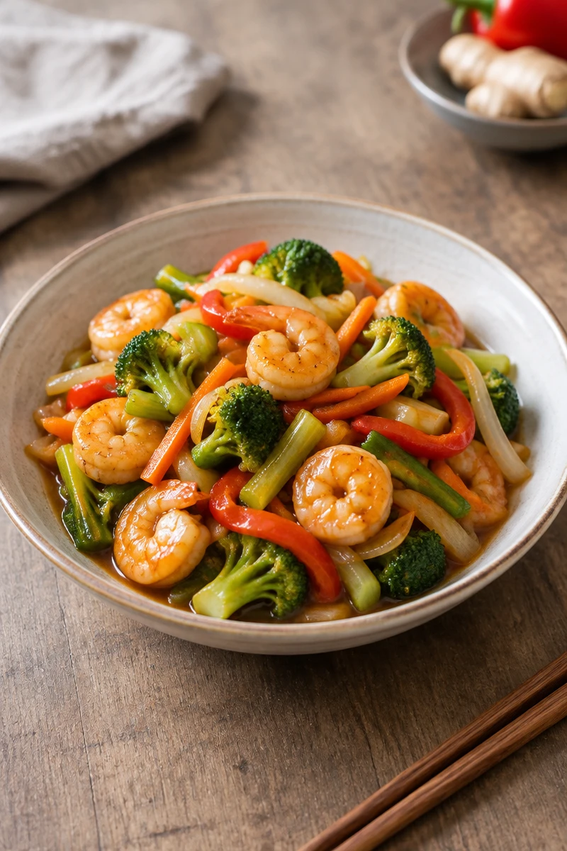 Crevettes sautées aux légumes à la chinoise