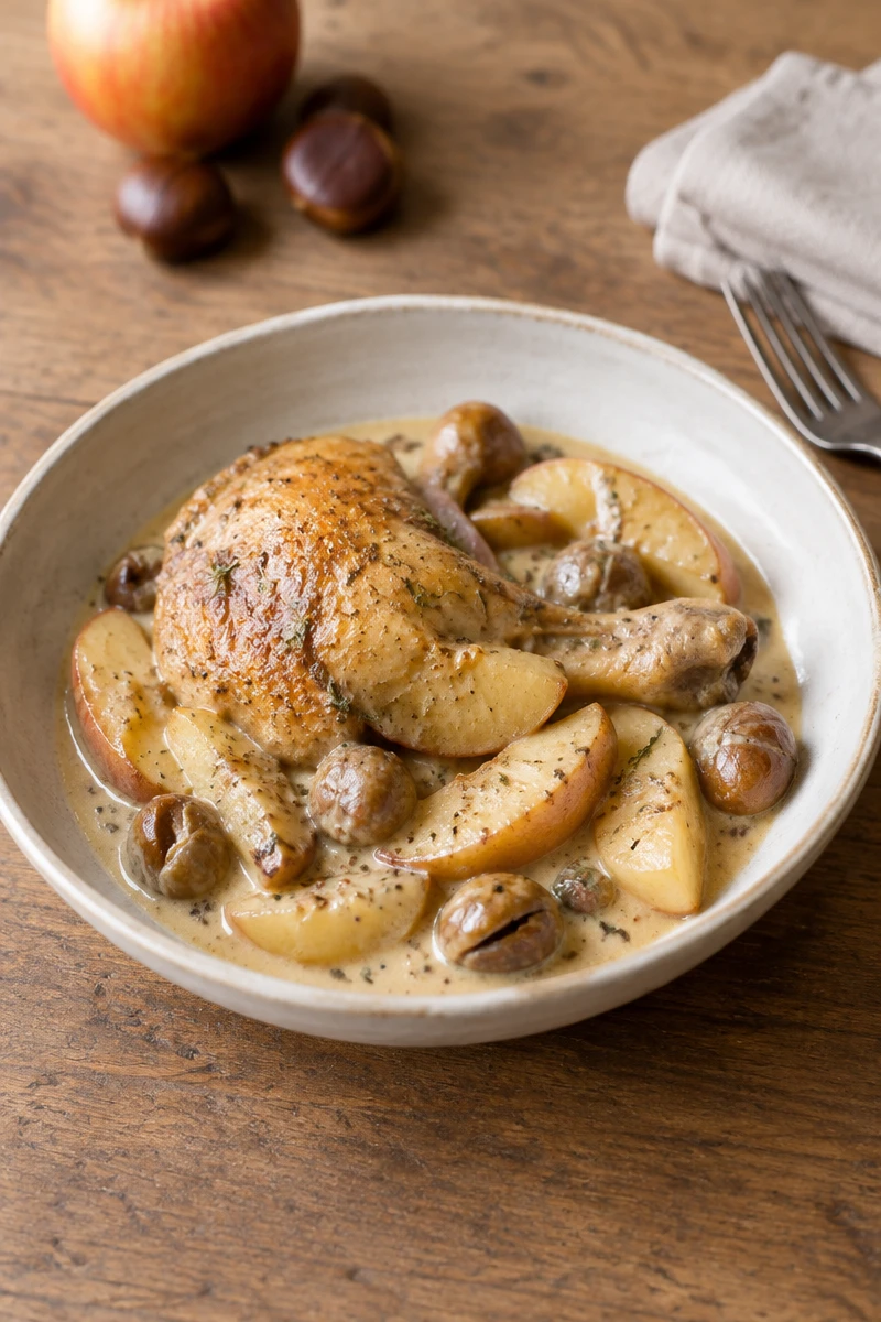 Poulet aux pommes et châtaignes, sauce crémeuse au Calvados